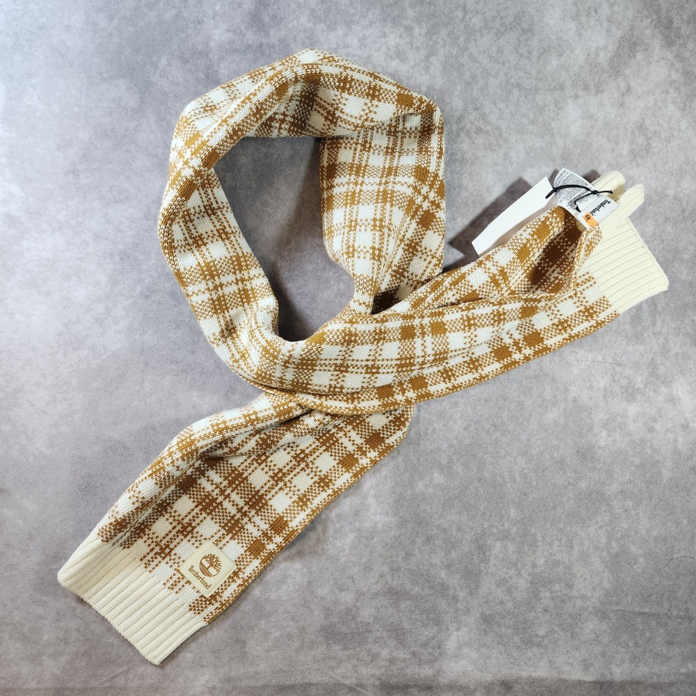 Timberland Plaid Knit Scarf OS Wheat White Acrylic NWT $60
